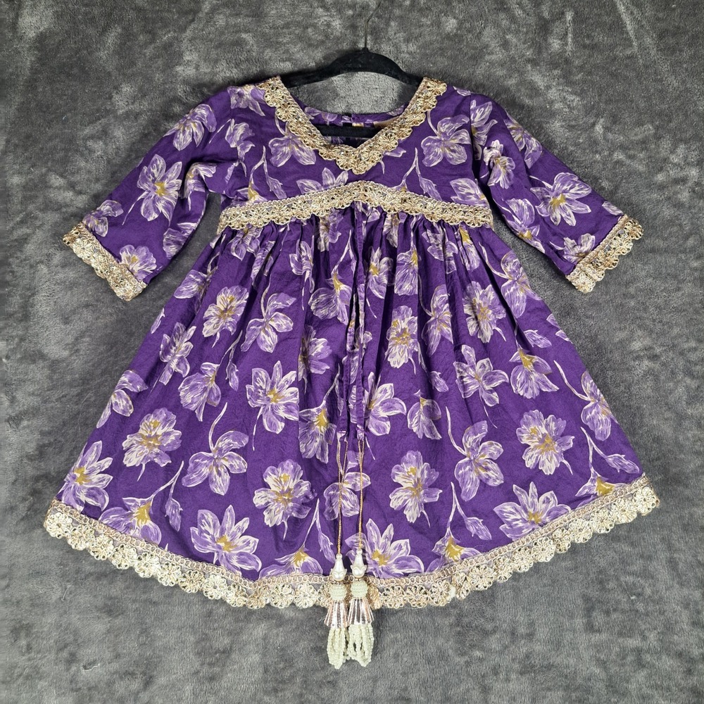 RidoKidz Purple Floral Alia Cut Kurti Top Indian Ethnic Cotton Dress Beaded
